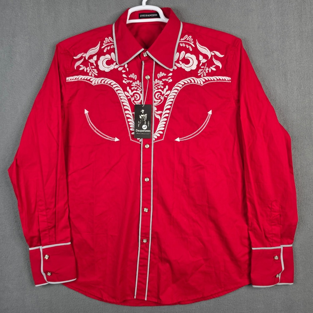 Daupanzees Mens Red Embroidered Western Cowboy Long Sleeve Button Up Shirt L